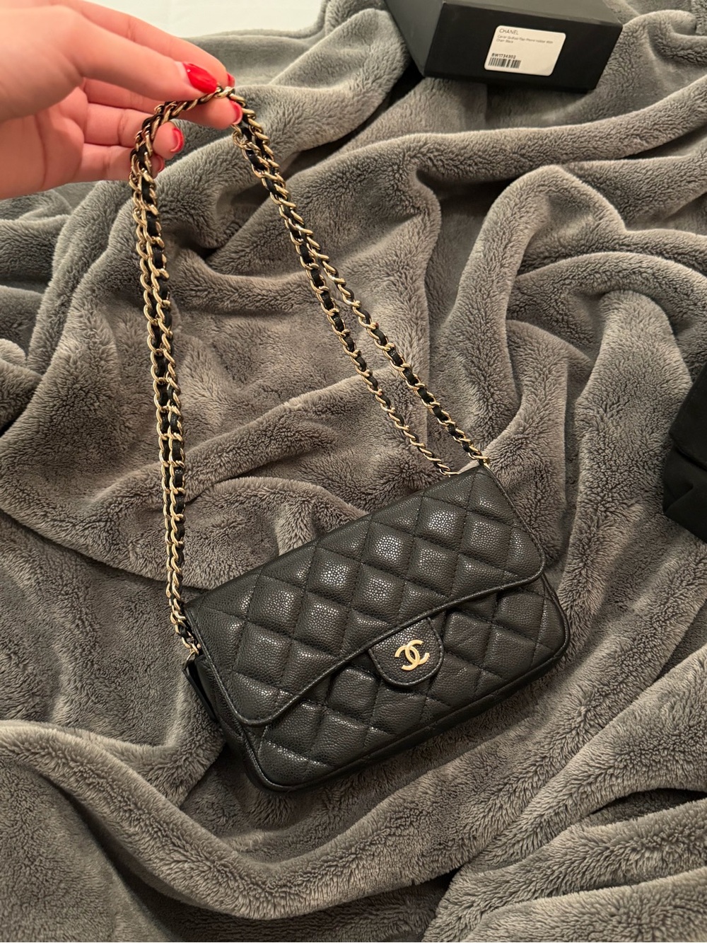 CHANEL Black Quilted Caviar Leather Shoulder Bag with Gold Chain